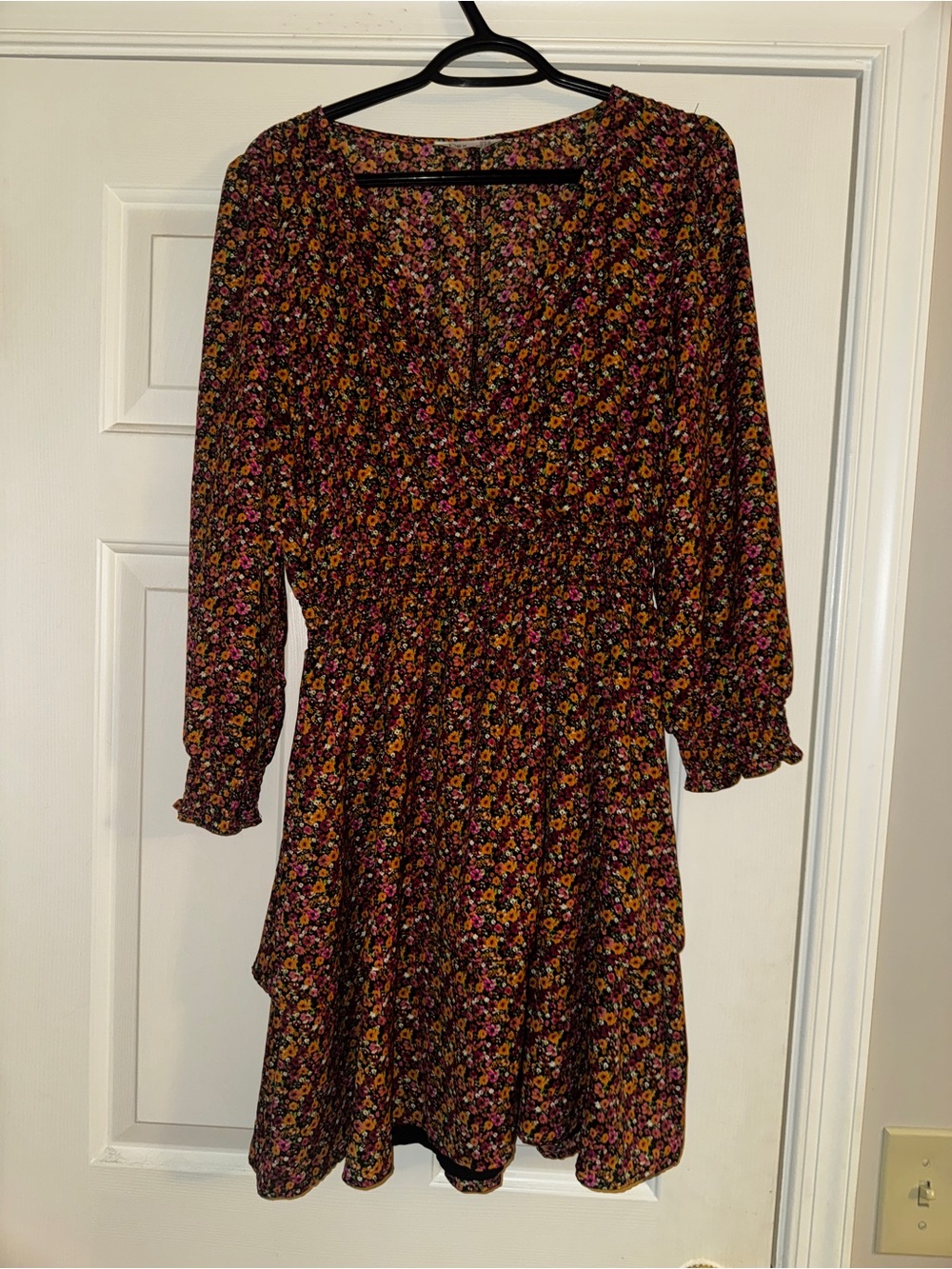 Dex Floral Long Sleeve Dress in Black with Pink and Orange